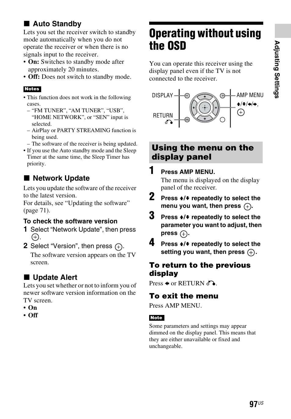 Operating without using the osd, Operating without using the, Using the menu on the display panel | Sony STR-DN840 User Manual | Page 97 / 128
