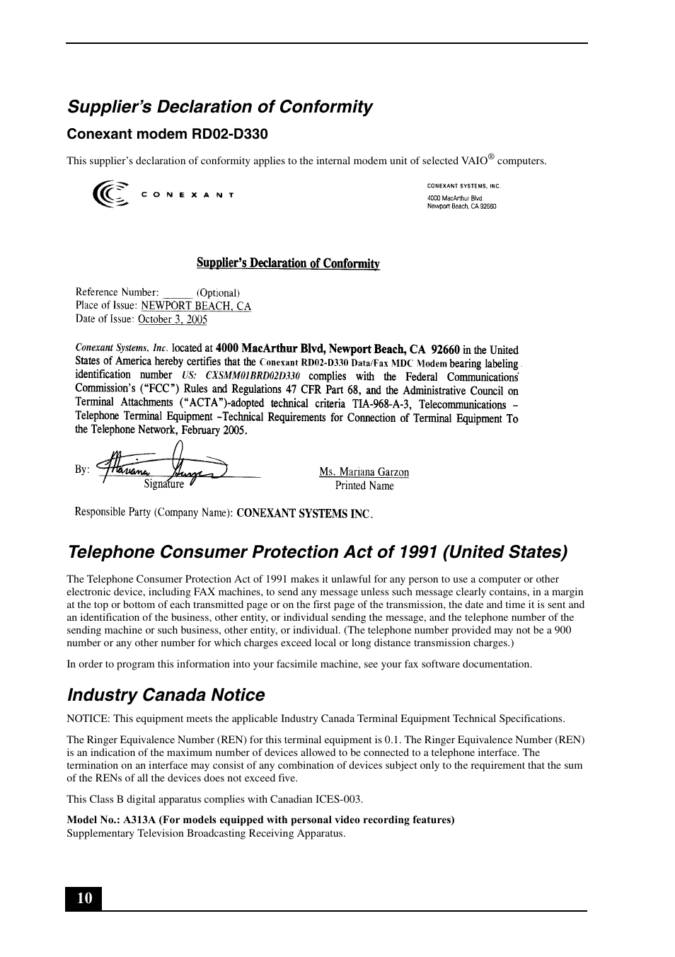 Supplier’s declaration of conformity, Industry canada notice | Sony VGN-AW190Y User Manual | Page 10 / 28