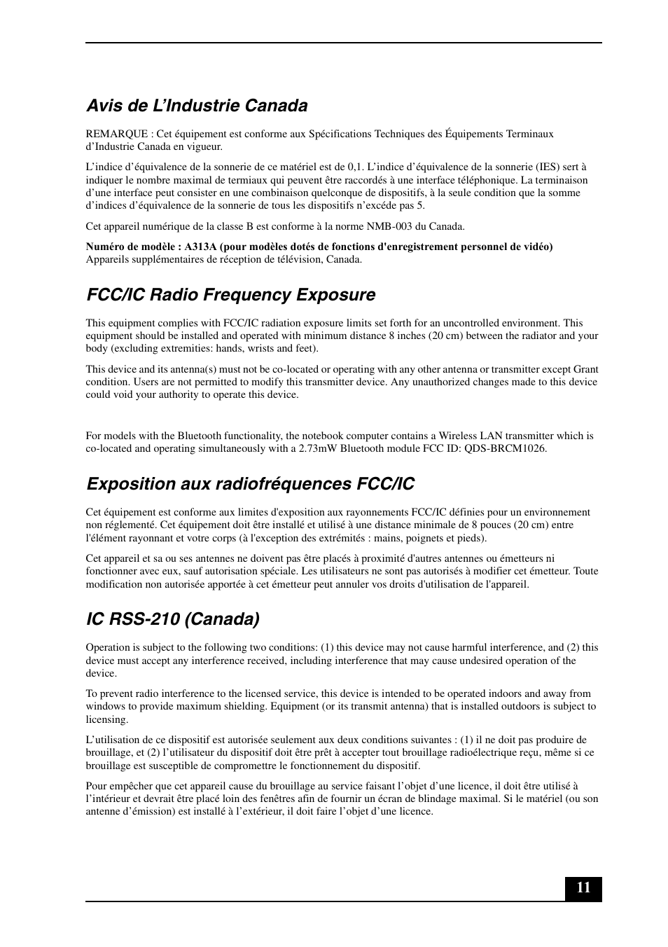 Avis de l’industrie canada, Fcc/ic radio frequency exposure, Exposition aux radiofréquences fcc/ic | Ic rss-210 (canada) | Sony VGN-AW190Y User Manual | Page 11 / 28