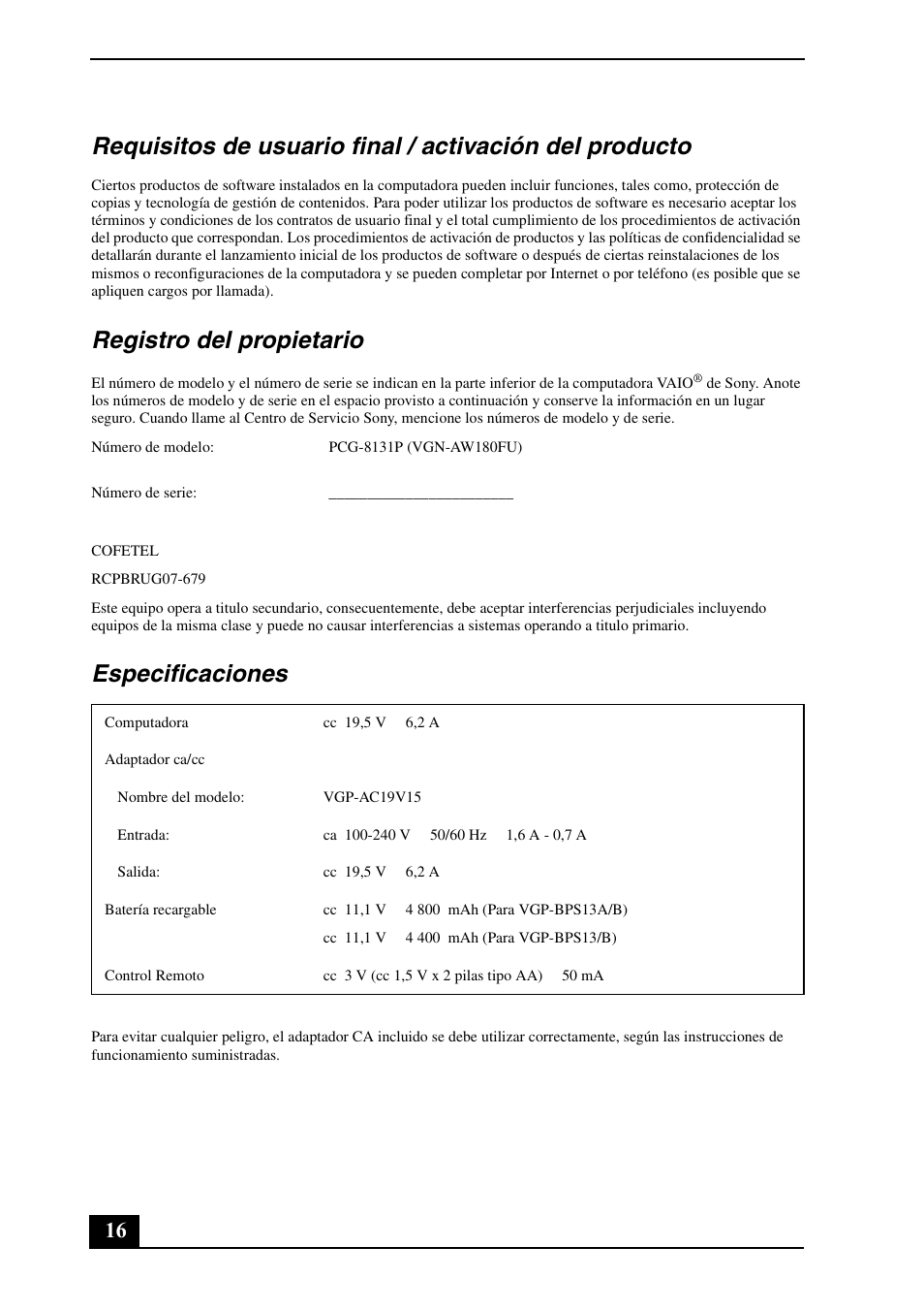 Registro del propietario, Especificaciones | Sony VGN-AW190Y User Manual | Page 16 / 28