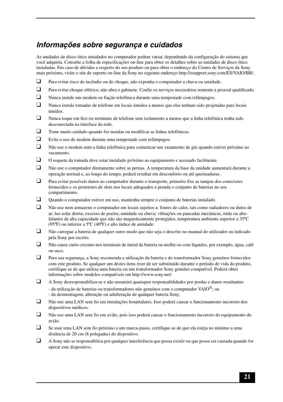 Informações sobre segurança e cuidados | Sony VGN-AW190Y User Manual | Page 21 / 28