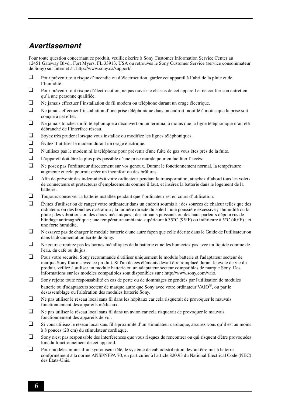 Avertissement | Sony VGN-AW190Y User Manual | Page 6 / 28
