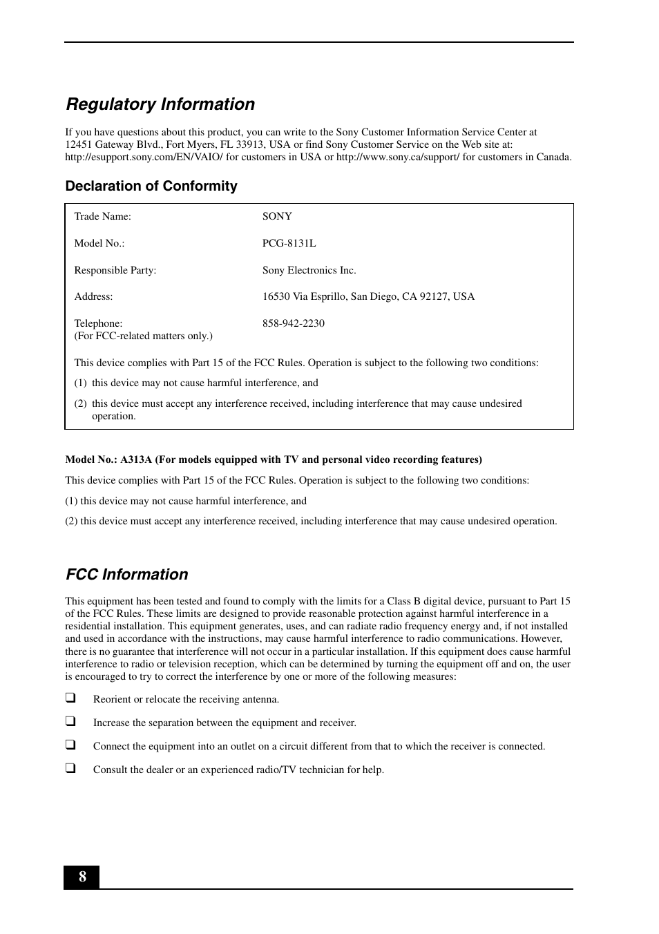 Regulatory information, Fcc information, Declaration of conformity | Sony VGN-AW190Y User Manual | Page 8 / 28