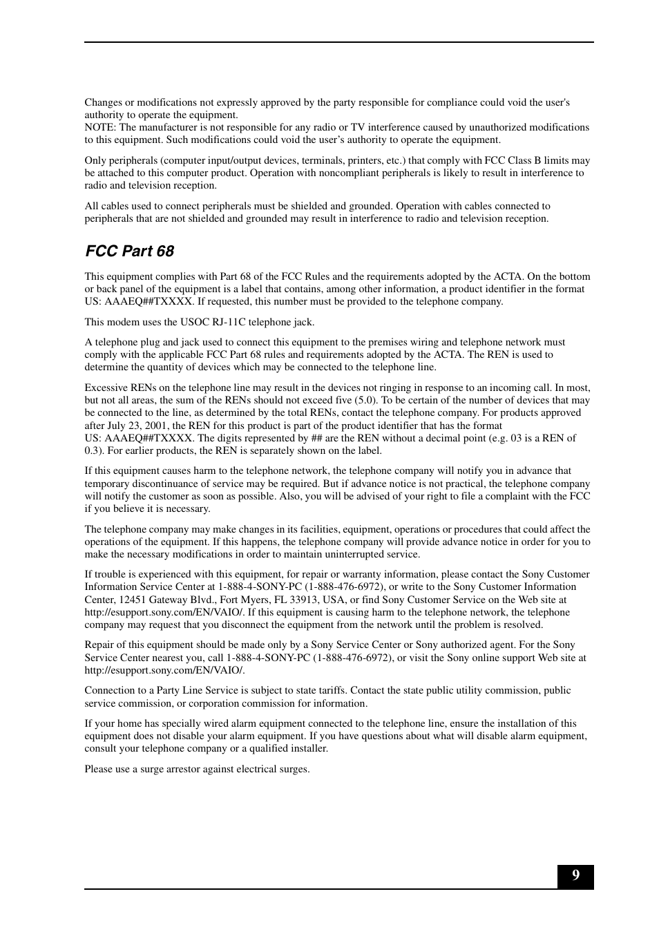 Fcc part 68 | Sony VGN-AW190Y User Manual | Page 9 / 28