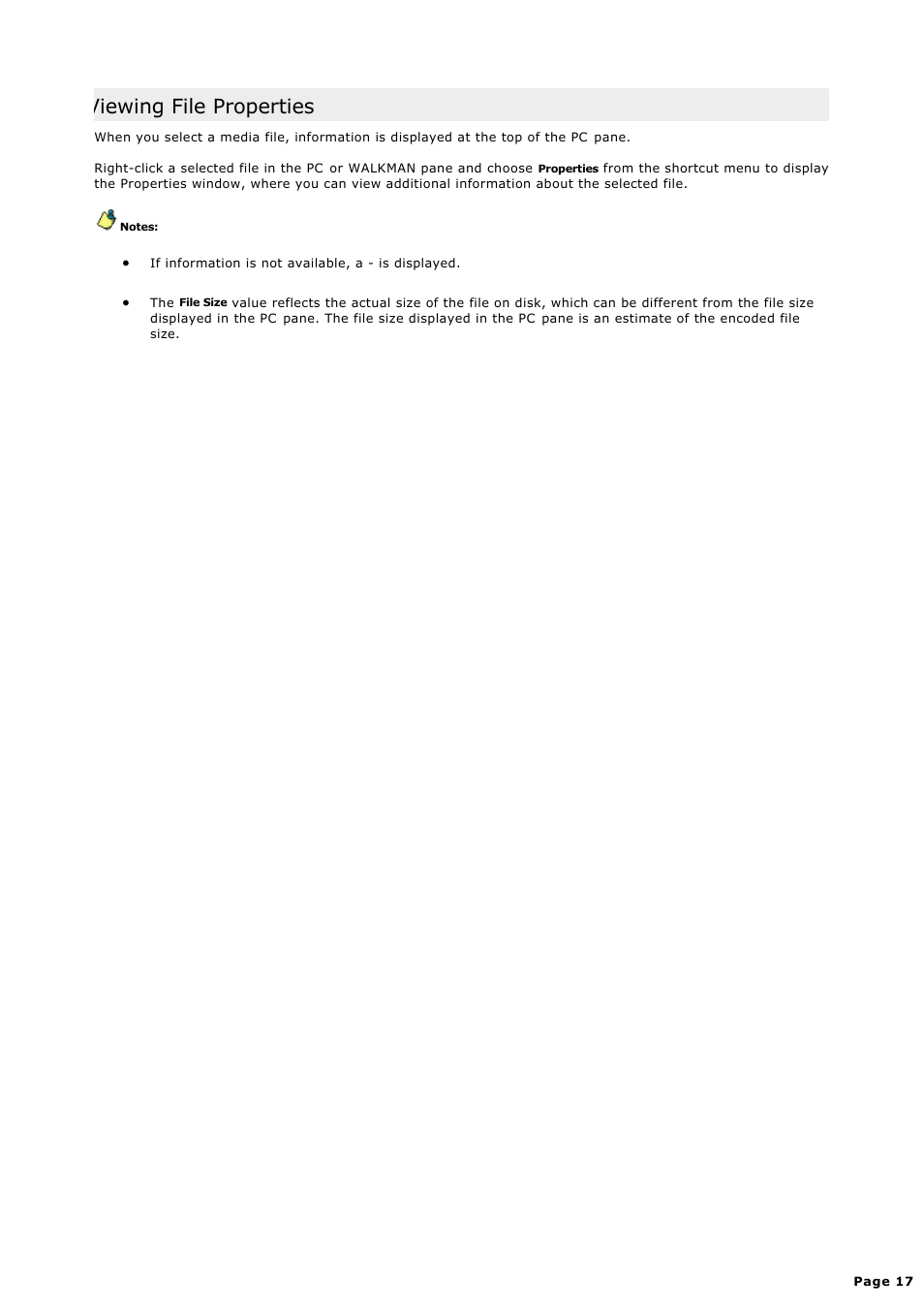 Viewing file properties | Sony NWZ-S615FSLV User Manual | Page 17 / 58