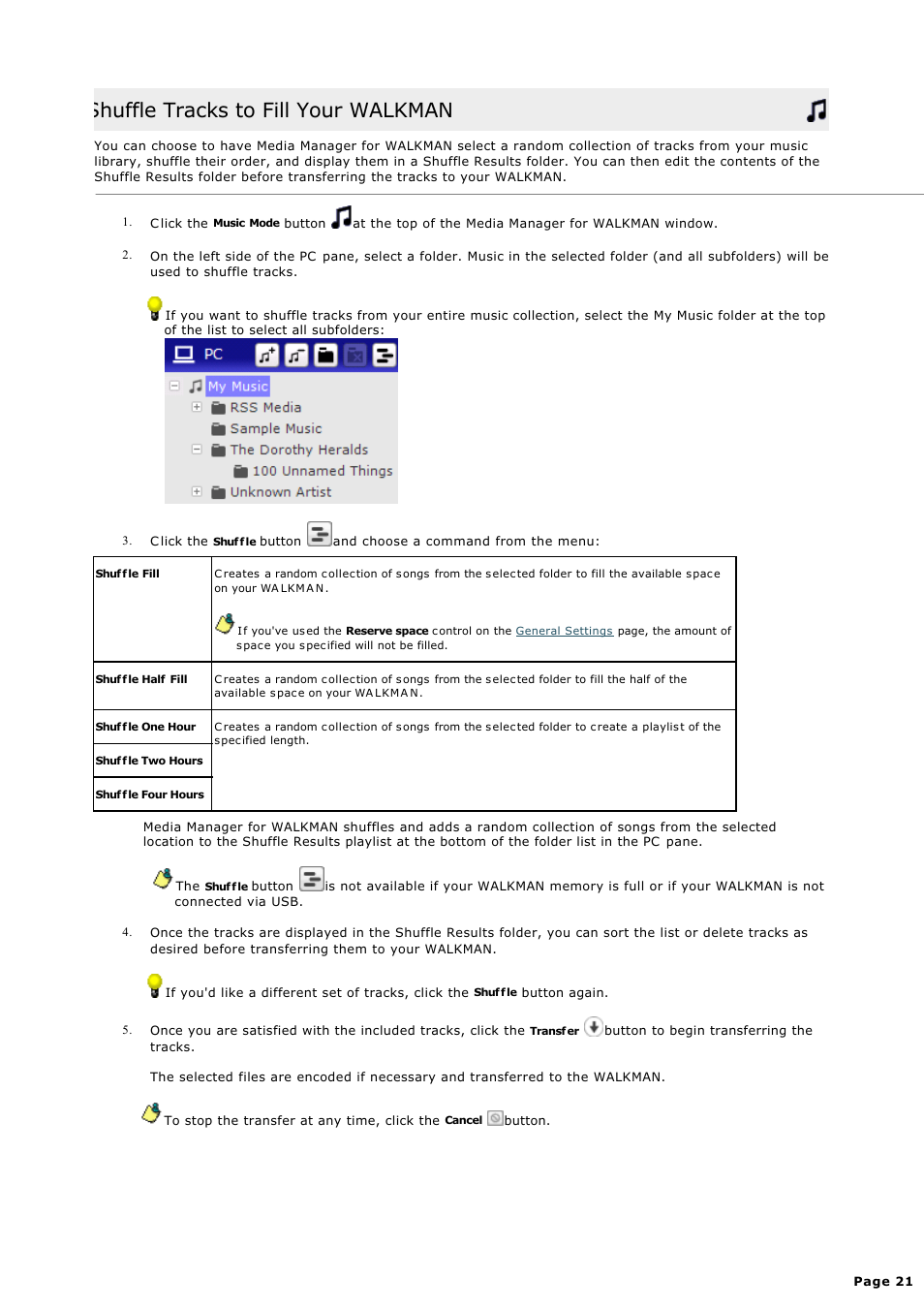 Shuffle tracks to fill your walkman | Sony NWZ-S615FSLV User Manual | Page 21 / 58