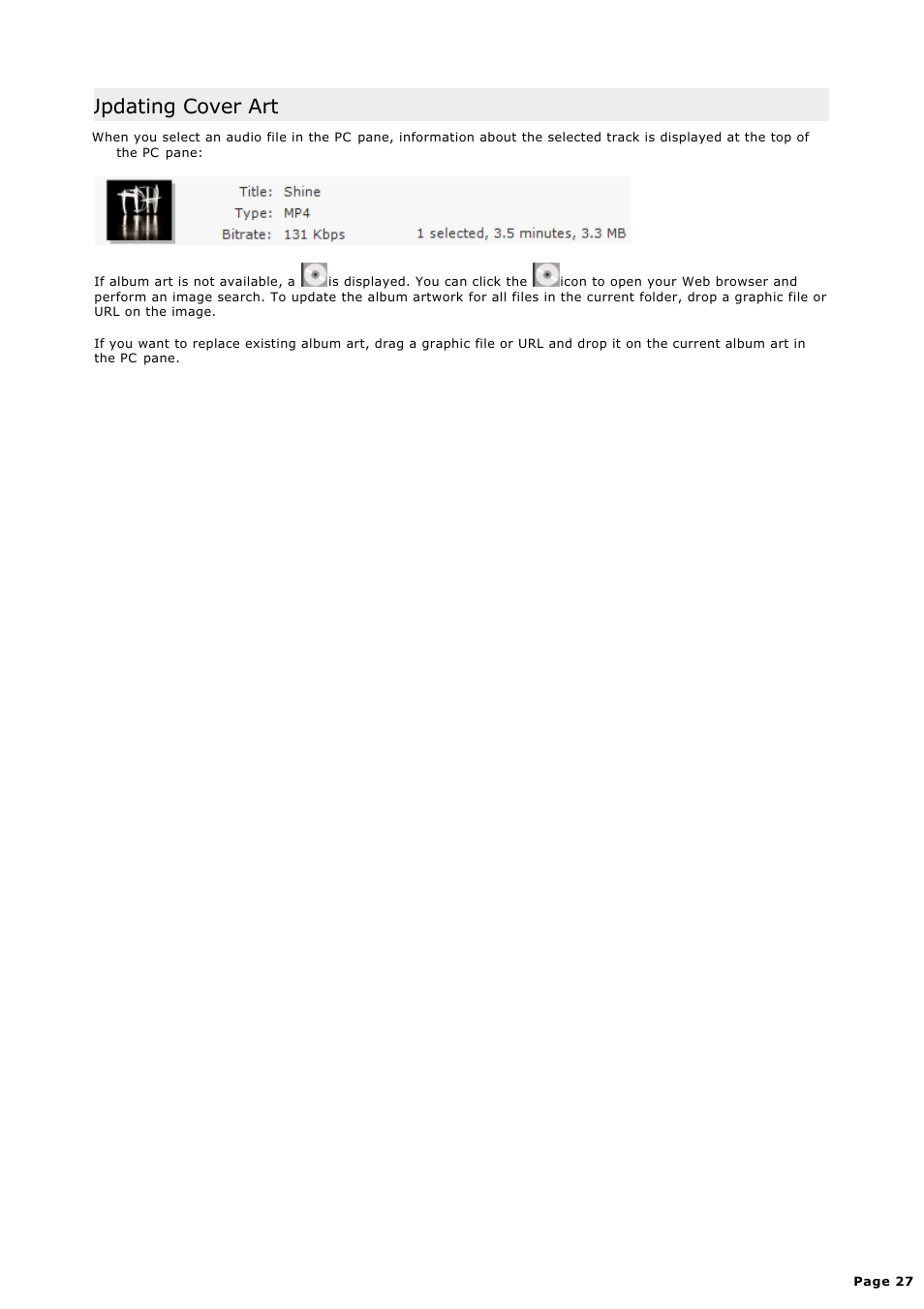 Updating cover art | Sony NWZ-S615FSLV User Manual | Page 27 / 58