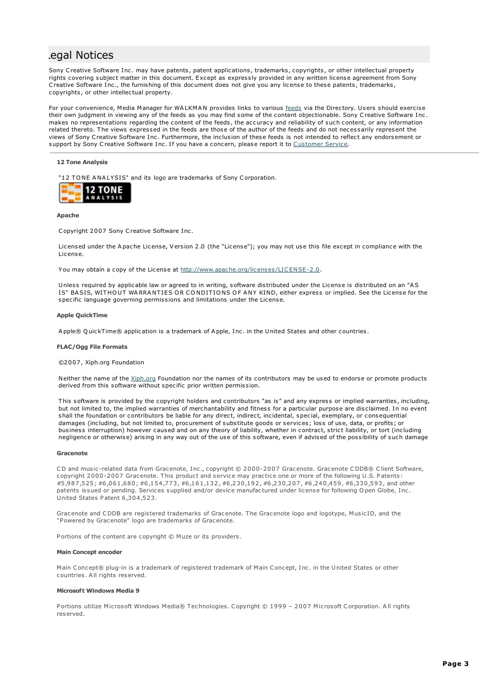 Legal notices | Sony NWZ-S615FSLV User Manual | Page 3 / 58