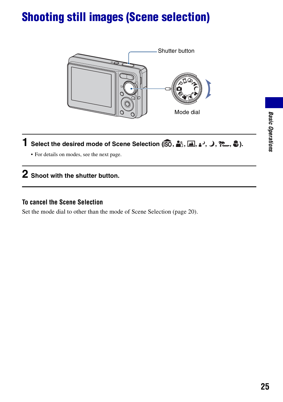 Shooting still images (scene selection) | Sony DSC-S780 User Manual | Page 25 / 102