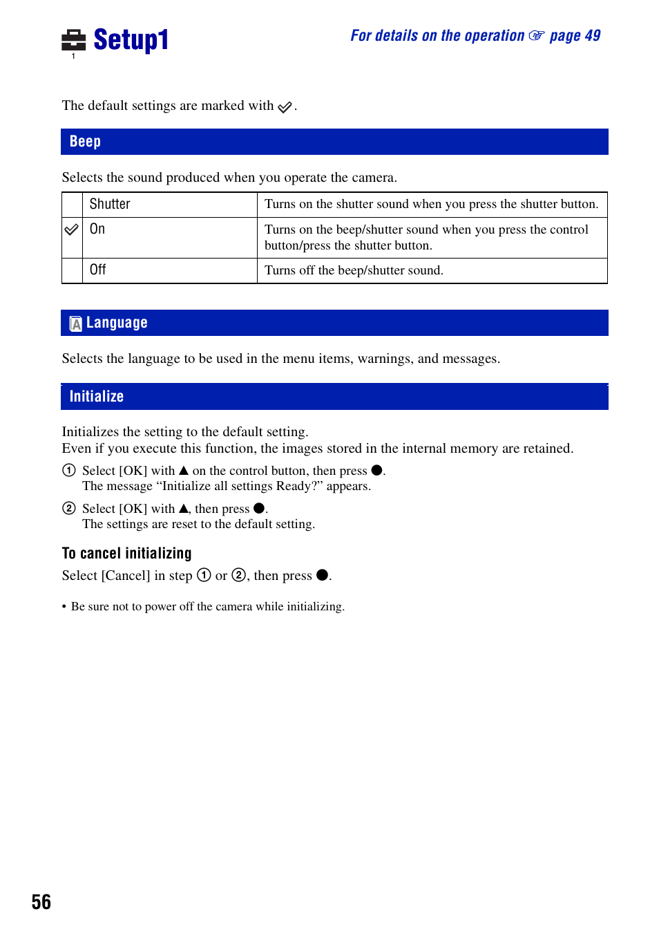 Setup1, Beep, Language | Initialize | Sony DSC-S780 User Manual | Page 56 / 102