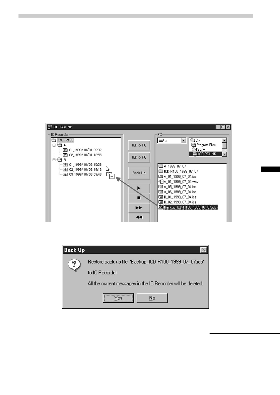 Restoring the backup file to the ic recorder | Sony ICD-R100PC User Manual | Page 45 / 60