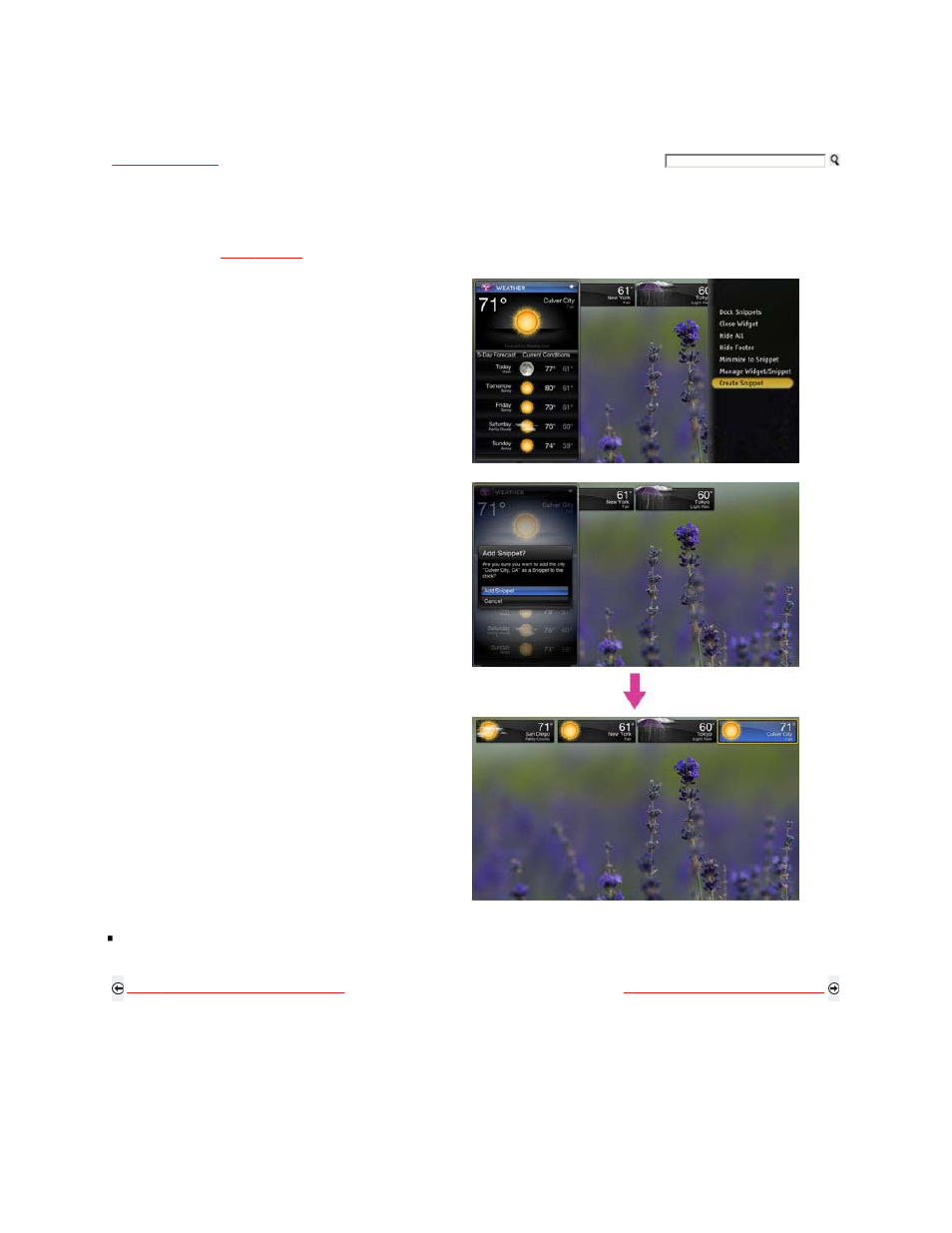 Bravia internet widgets, Creating a snippet of your added city | Sony KDL-40XBR9 User Manual | Page 132 / 346