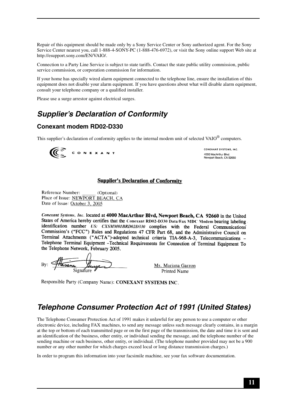 Supplier’s declaration of conformity | Sony VGC-LT15E User Manual | Page 11 / 20