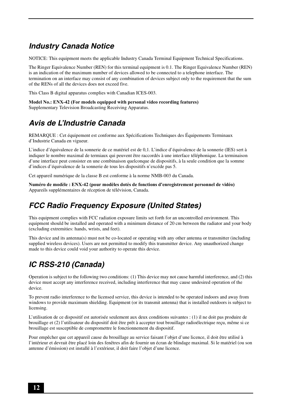 Industry canada notice, Avis de l’industrie canada, Fcc radio frequency exposure (united states) | Ic rss-210 (canada) | Sony VGC-LT15E User Manual | Page 12 / 20