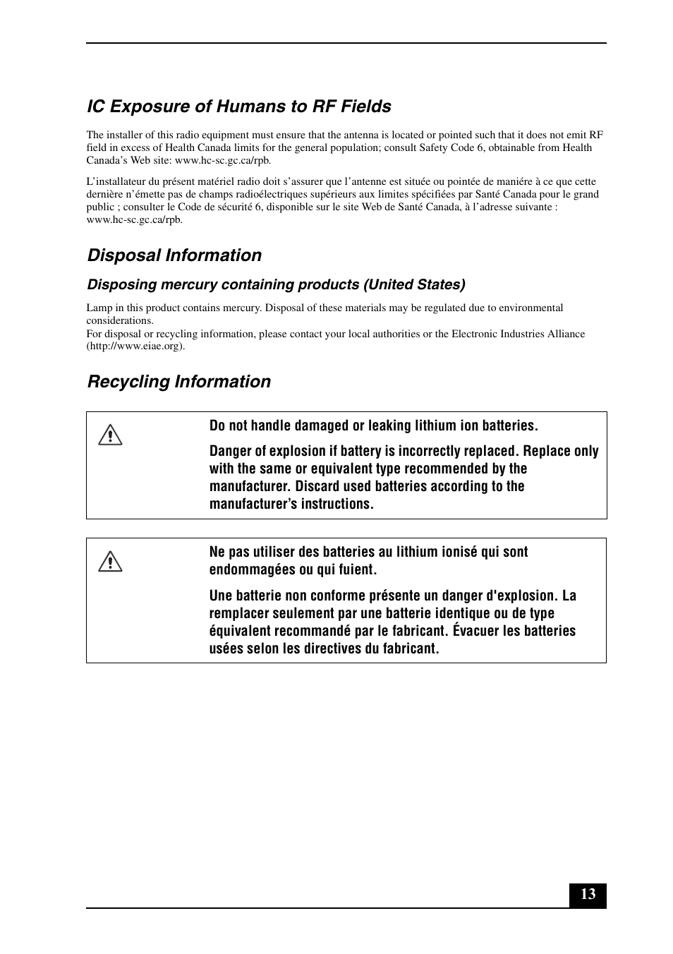 Ic exposure of humans to rf fields, Disposal information, Recycling information | Sony VGC-LT15E User Manual | Page 13 / 20