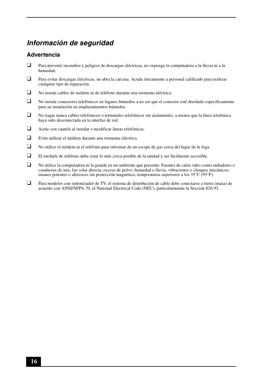 Información de seguridad | Sony VGC-LT15E User Manual | Page 16 / 20