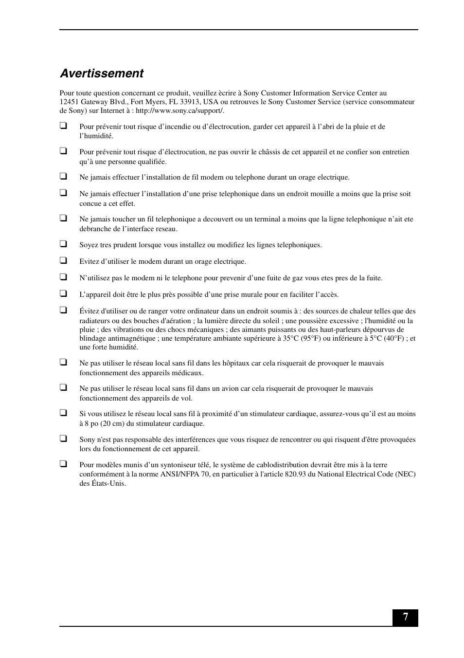 Avertissement | Sony VGC-LT15E User Manual | Page 7 / 20