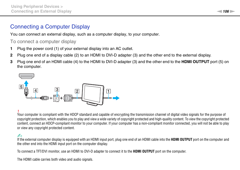 Connecting a computer display | Sony VPCL236FX User Manual | Page 106 / 196