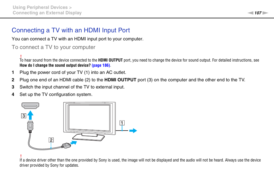 Connecting a tv with an hdmi input port | Sony VPCL236FX User Manual | Page 107 / 196