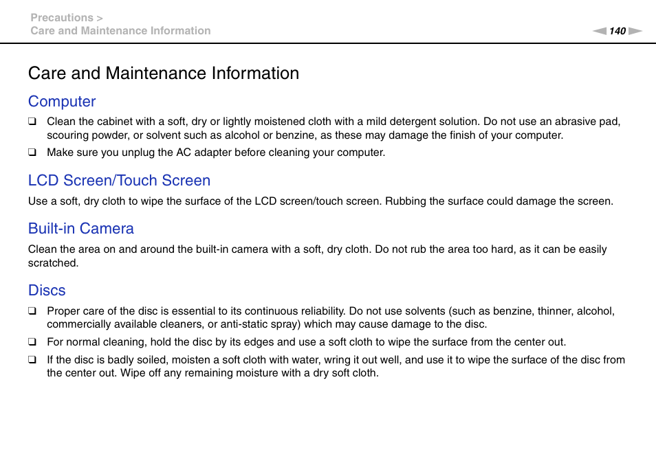 Care and maintenance information, Computer, Lcd screen/touch screen | Built-in camera, Discs | Sony VPCL236FX User Manual | Page 140 / 196
