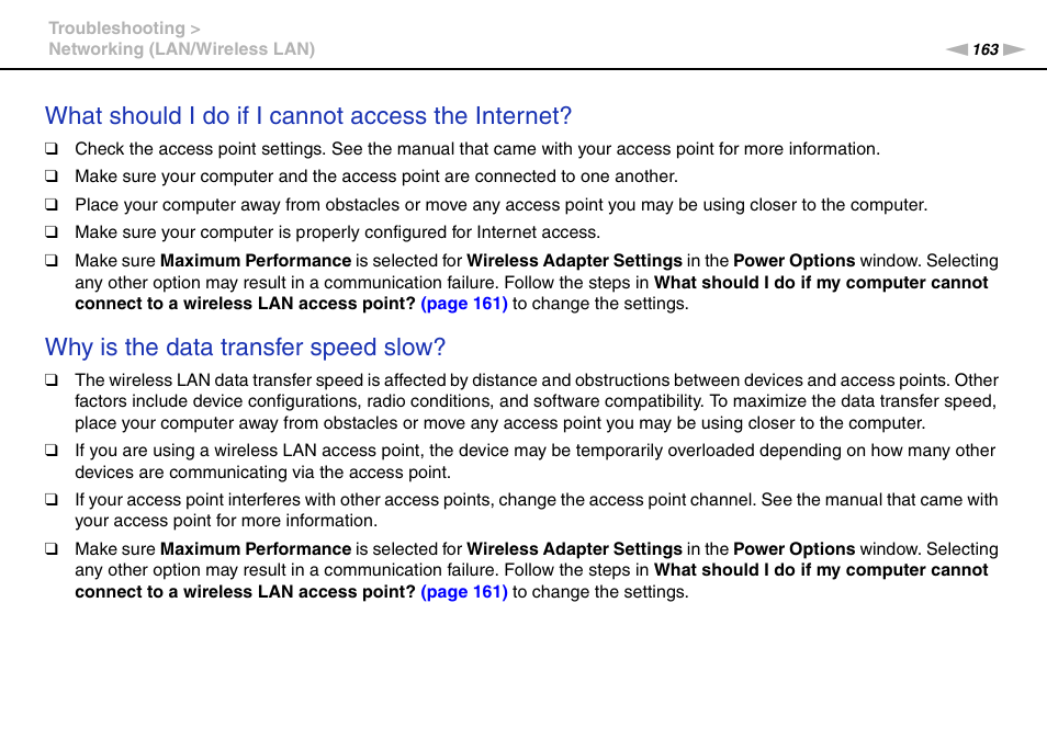 What should i do if i cannot access the internet, Why is the data transfer speed slow | Sony VPCL236FX User Manual | Page 163 / 196