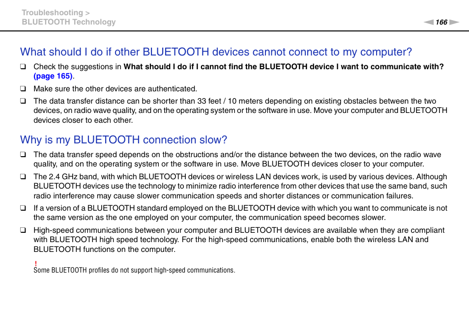 Why is my bluetooth connection slow | Sony VPCL236FX User Manual | Page 166 / 196