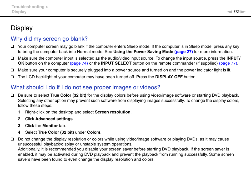 Display, Why did my screen go blank | Sony VPCL236FX User Manual | Page 173 / 196