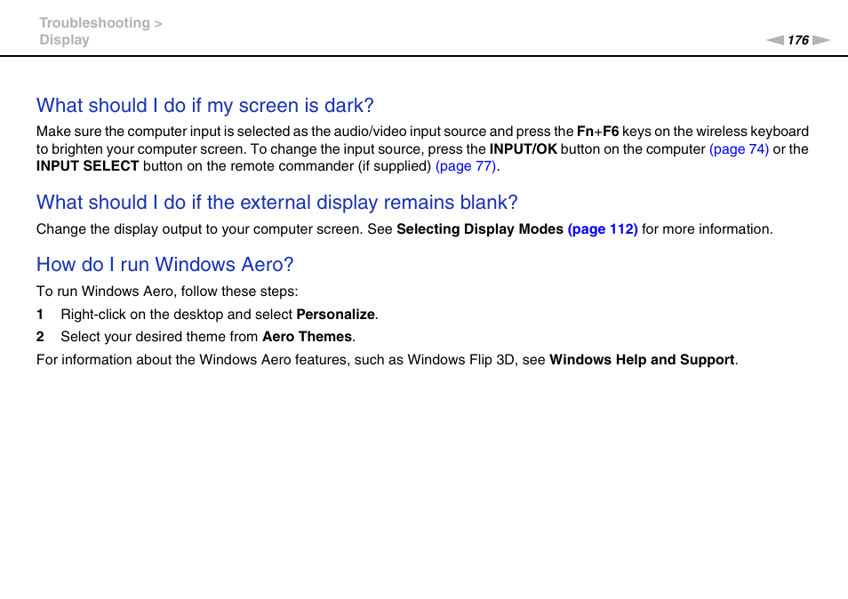 What should i do if my screen is dark, How do i run windows aero | Sony VPCL236FX User Manual | Page 176 / 196