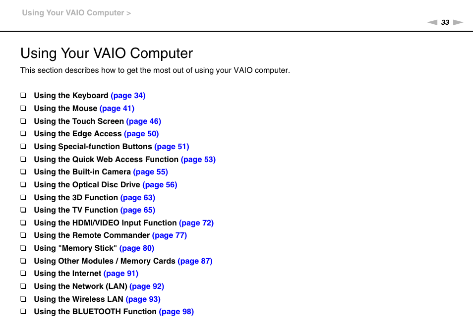 Using your vaio computer | Sony VPCL236FX User Manual | Page 33 / 196