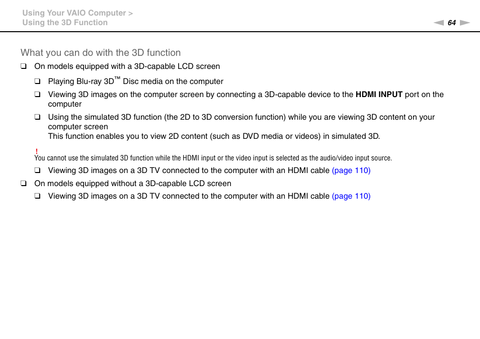 What you can do with the 3d function | Sony VPCL236FX User Manual | Page 64 / 196