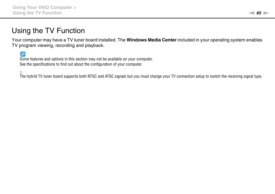 Using the tv function | Sony VPCL236FX User Manual | Page 65 / 196