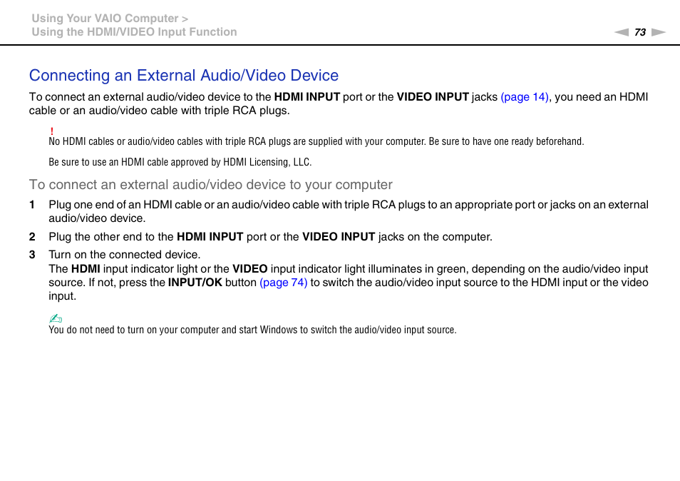 Connecting an external audio/video device | Sony VPCL236FX User Manual | Page 73 / 196