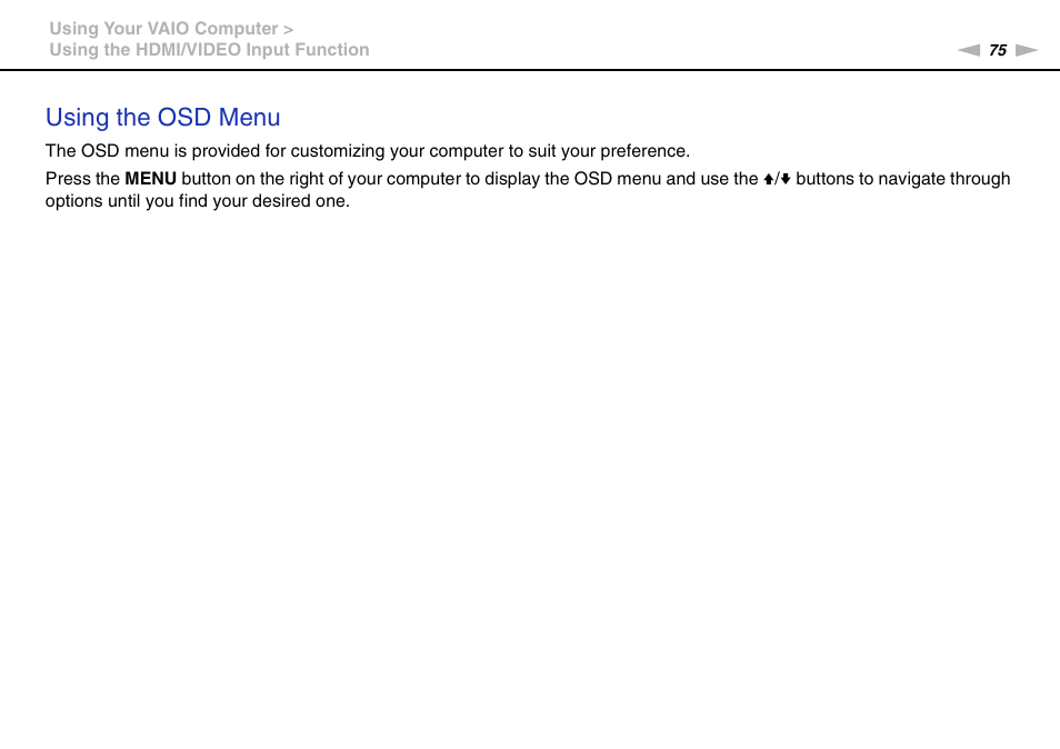 Using the osd menu | Sony VPCL236FX User Manual | Page 75 / 196