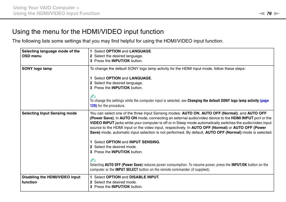 Using the menu for the hdmi/video input function | Sony VPCL236FX User Manual | Page 76 / 196