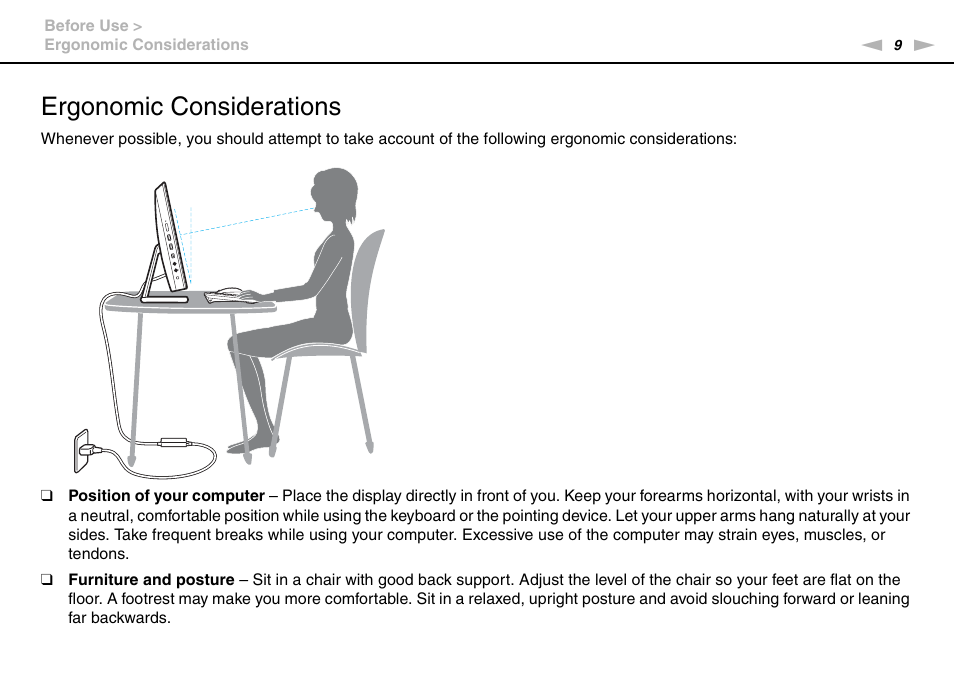 Ergonomic considerations | Sony VPCL236FX User Manual | Page 9 / 196