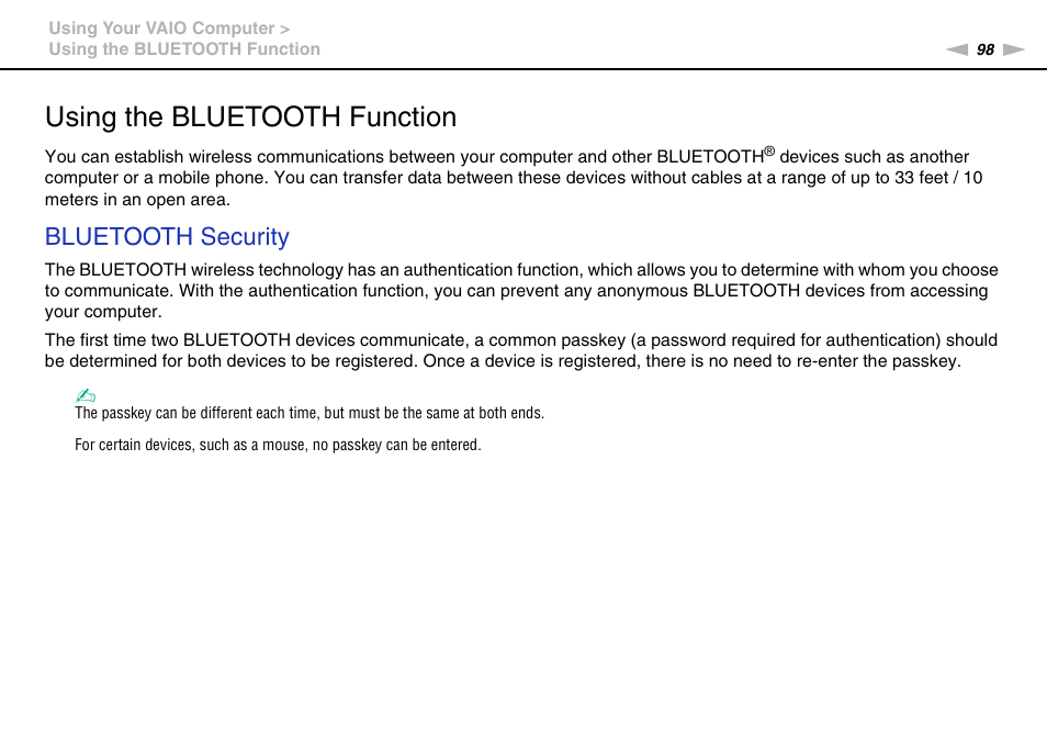 Using the bluetooth function, Bluetooth security | Sony VPCL236FX User Manual | Page 98 / 196