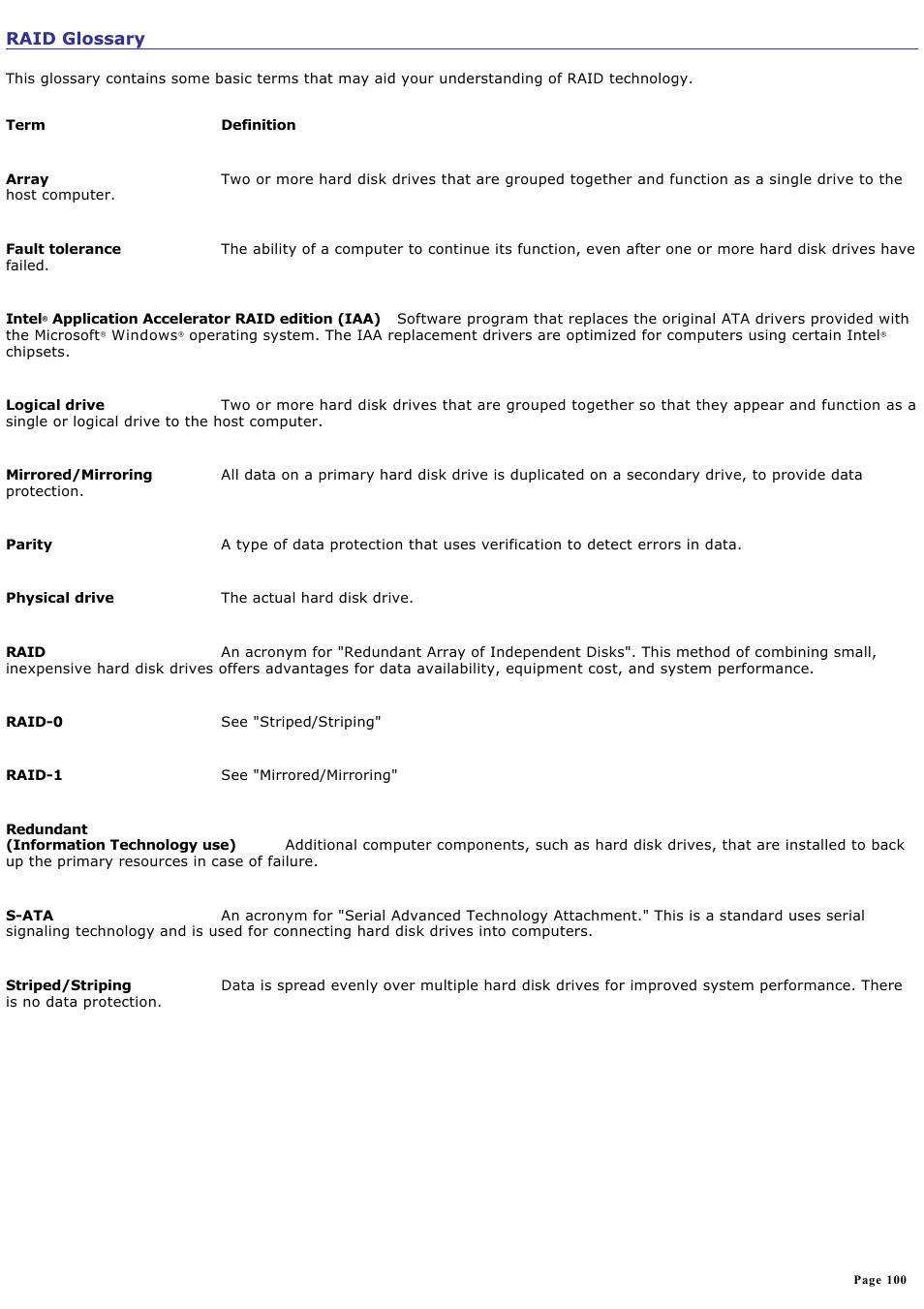 Raid glossary | Sony VGC-RA825GY User Manual | Page 100 / 164