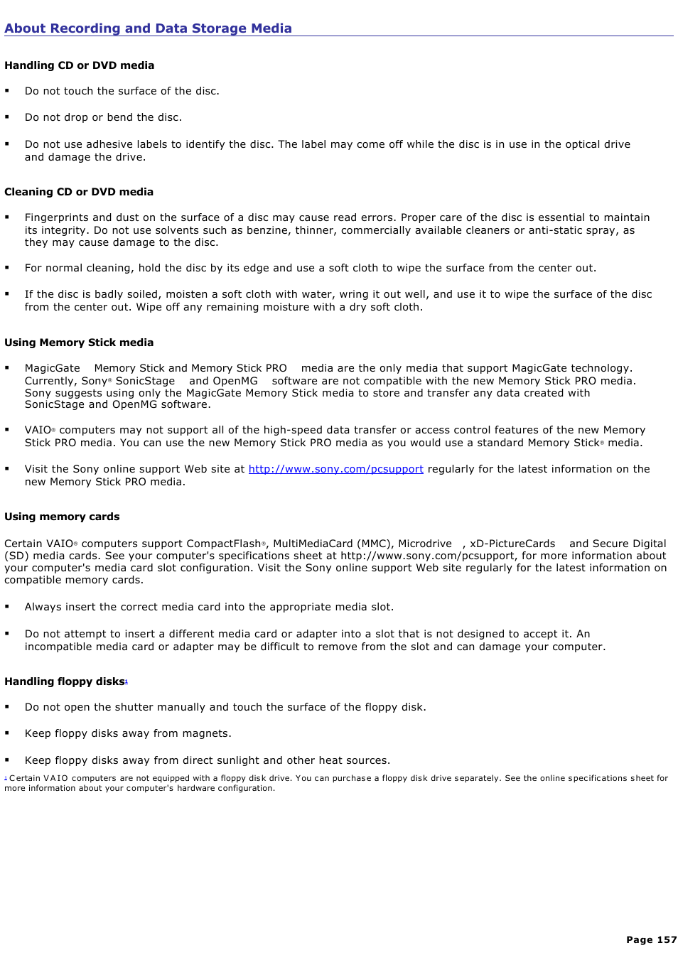 About recording and data storage media | Sony VGC-RA825GY User Manual | Page 157 / 164
