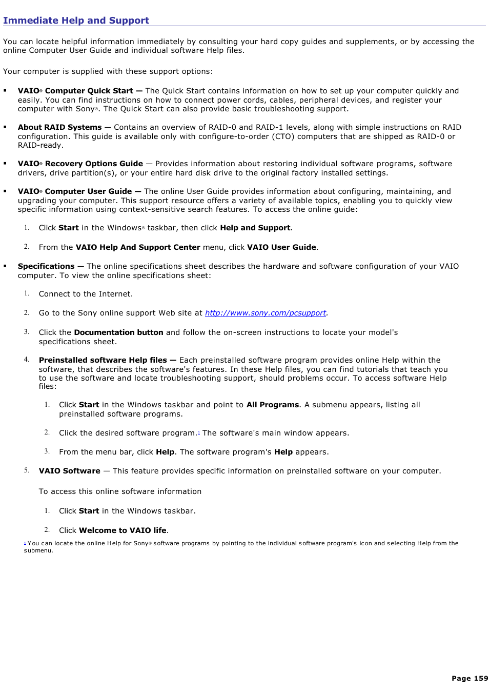 Immediate help and support | Sony VGC-RA825GY User Manual | Page 159 / 164