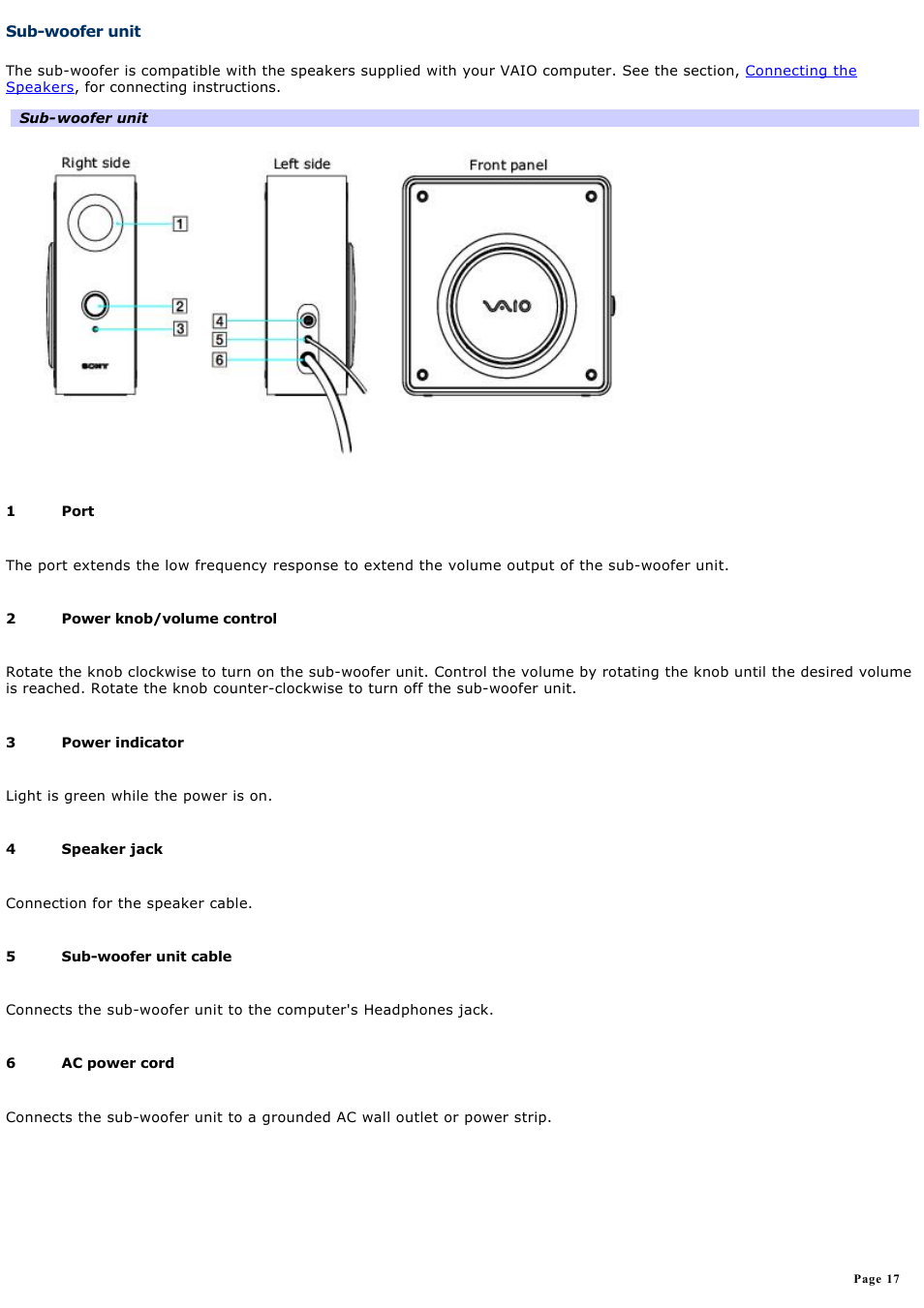 Sub-woofer unit | Sony VGC-RA825GY User Manual | Page 17 / 164