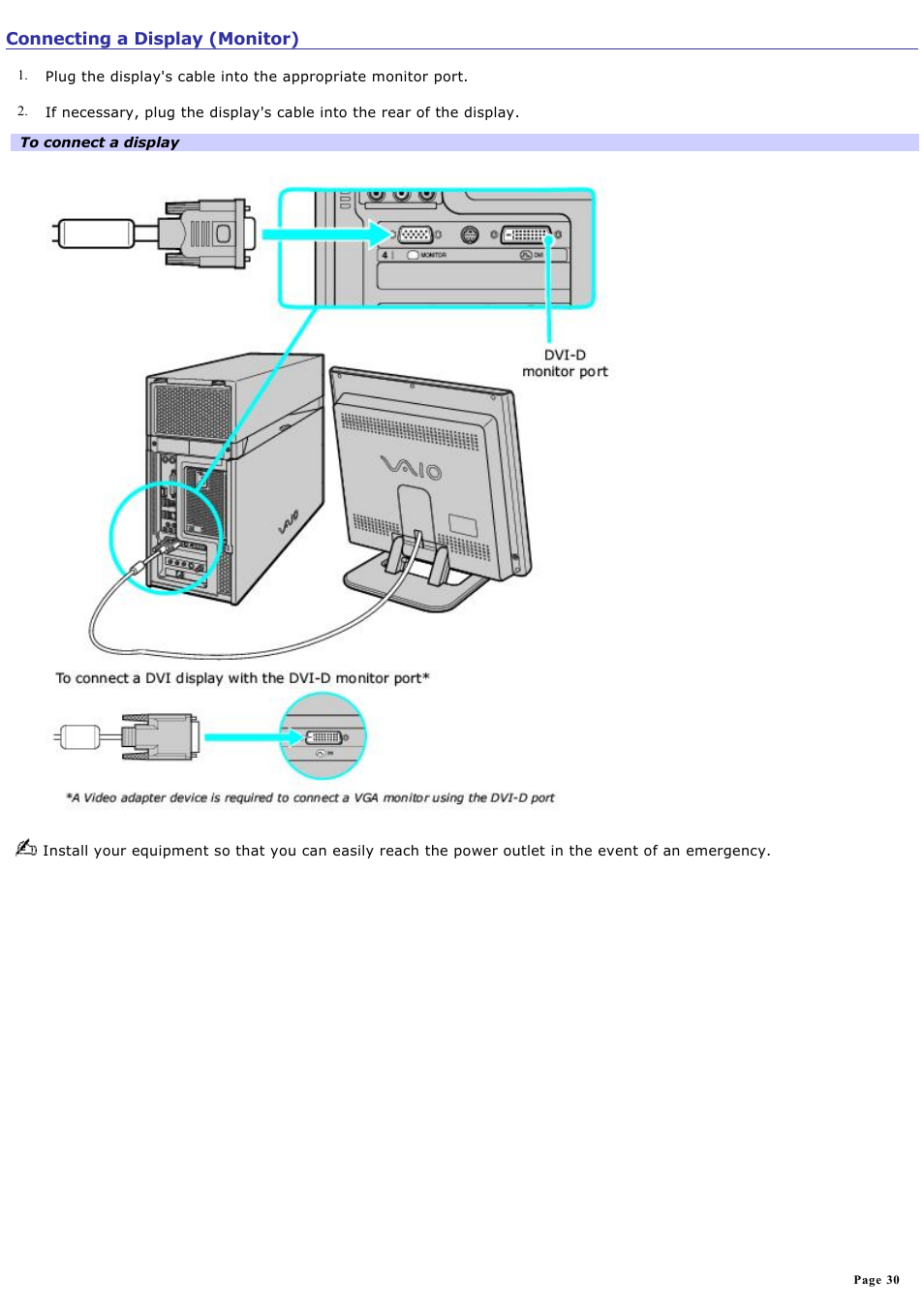 Connecting a display (monitor) | Sony VGC-RA825GY User Manual | Page 30 / 164
