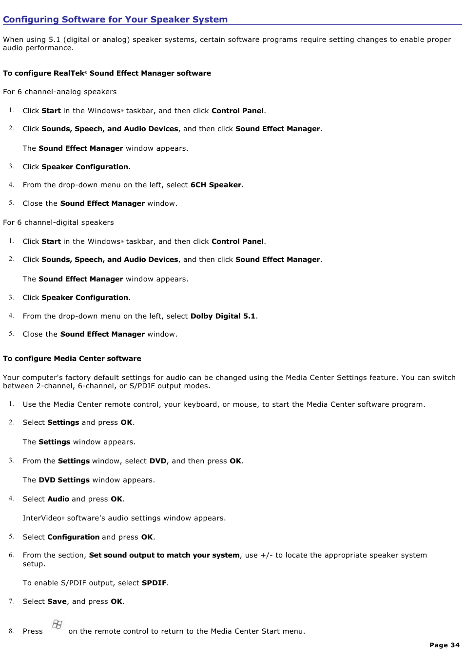 Configuring software for your speaker system | Sony VGC-RA825GY User Manual | Page 34 / 164