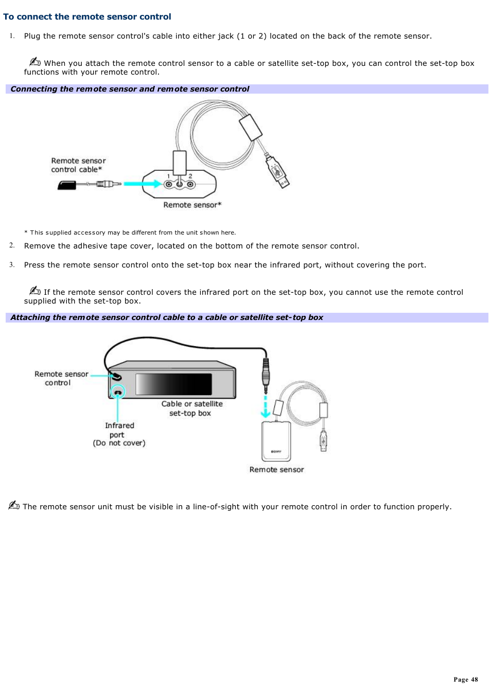 To connect the remote sensor control | Sony VGC-RA825GY User Manual | Page 48 / 164