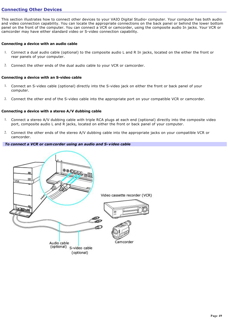 Connecting other devices | Sony VGC-RA825GY User Manual | Page 49 / 164