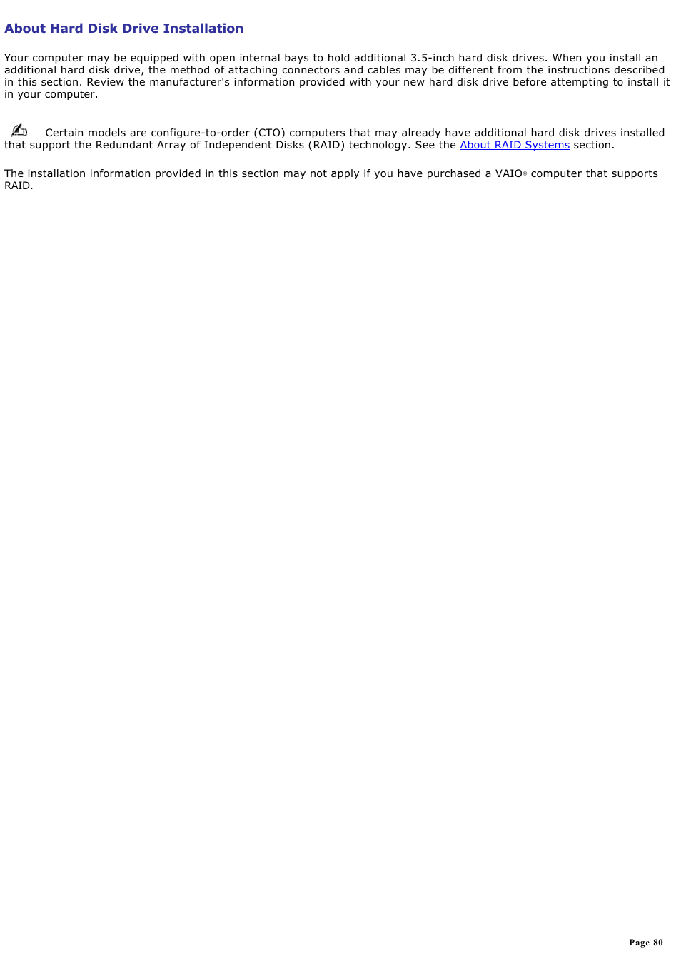 About hard disk drive installation | Sony VGC-RA825GY User Manual | Page 80 / 164