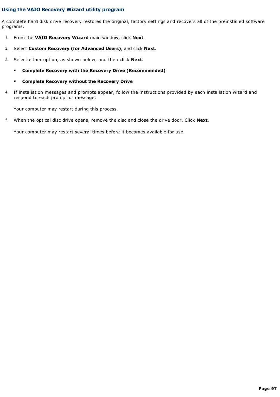 Using the vaio recovery wizard utility program | Sony VGC-RA825GY User Manual | Page 97 / 164