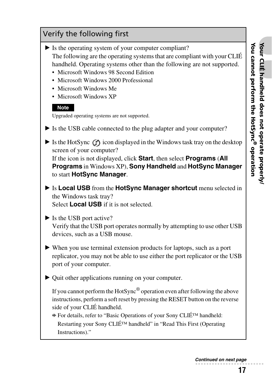 Verify the following first | Sony PEG-SJ22 User Manual | Page 17 / 52