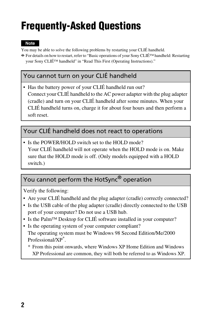 Frequently-asked questions | Sony PEG-SJ22 User Manual | Page 2 / 52