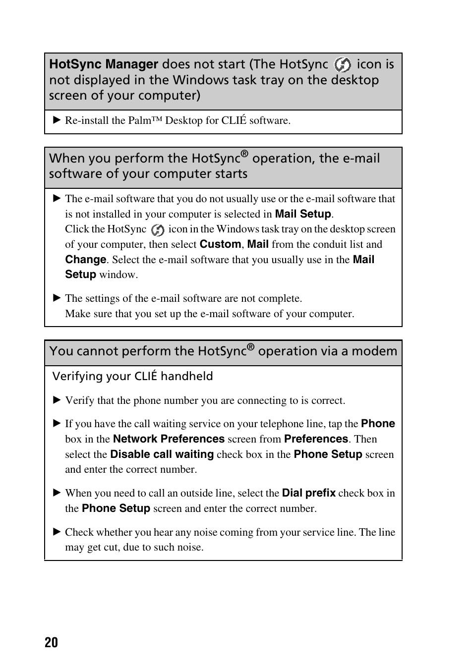 Hotsync manager, Does not start (the hotsync, Icon is | When you perform the hotsync, Operation, the e-mail, Software of your computer starts, You cannot perform the hotsync, Operation via a, Modem | Sony PEG-SJ22 User Manual | Page 20 / 52