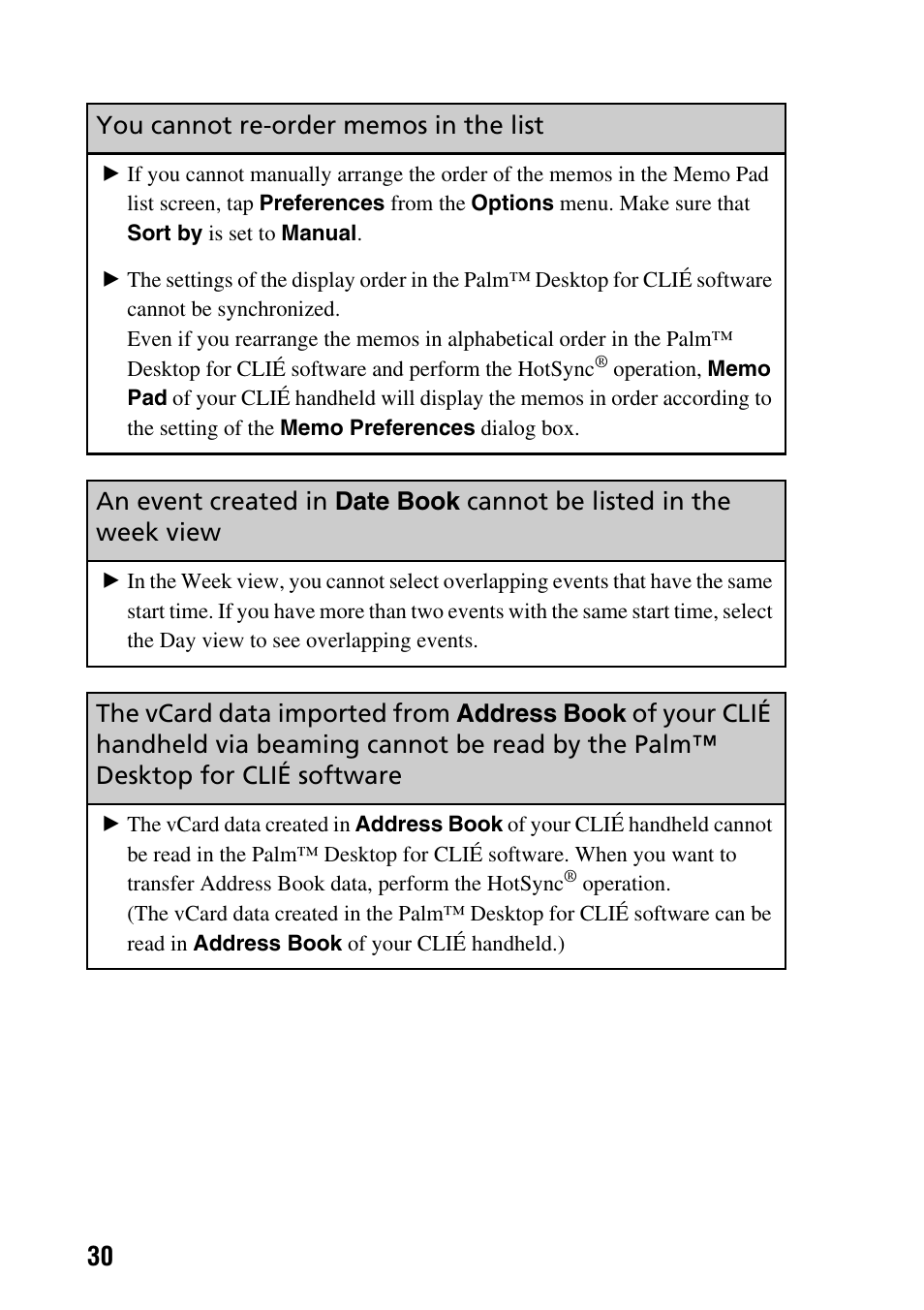 You cannot re-order memos in the list, An event created in, Date book | Cannot be listed in the week, View, The vcard data imported from, Address book, Of your clié | Sony PEG-SJ22 User Manual | Page 30 / 52